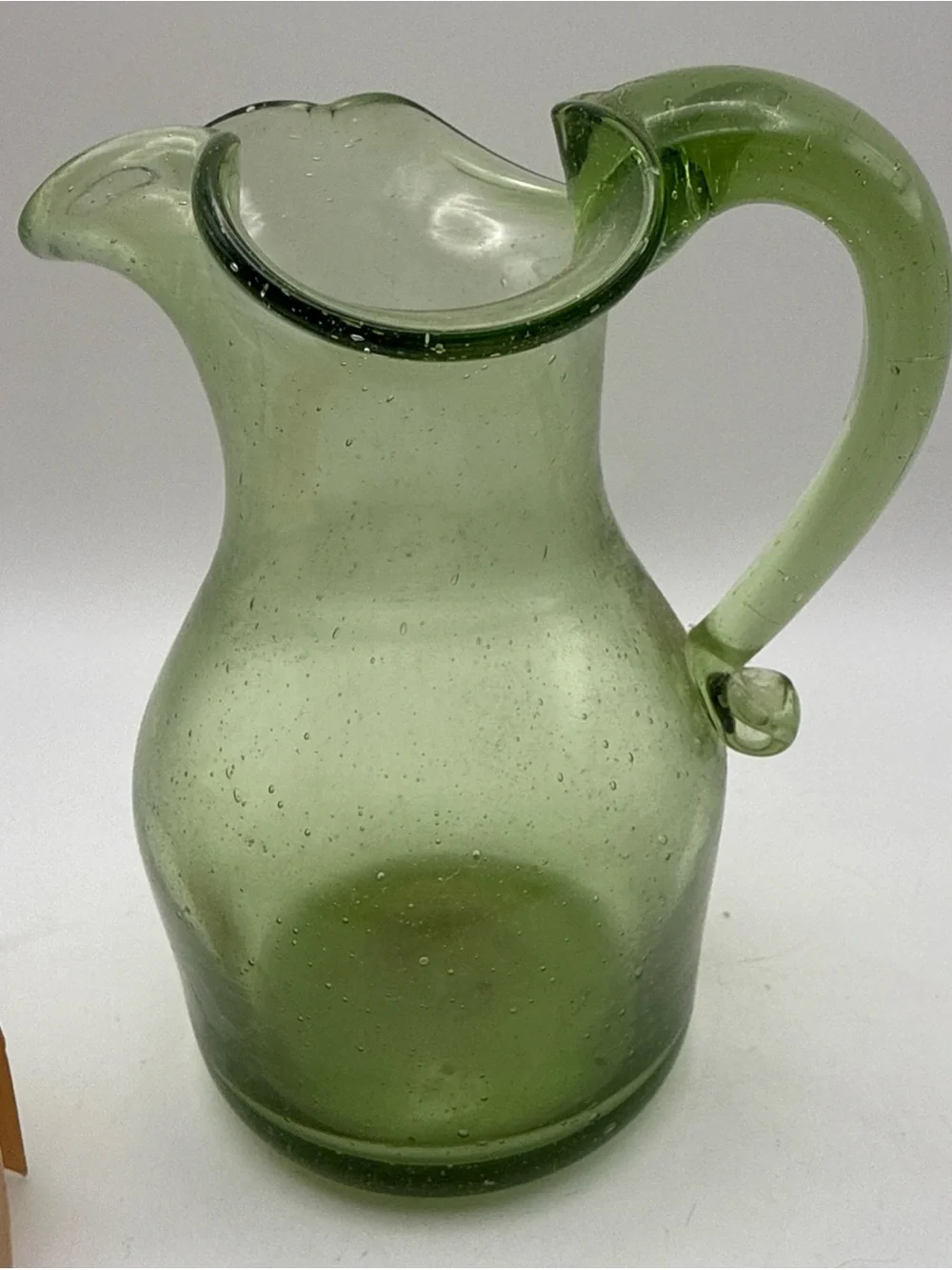 Vintage Hand Blown Green Bubble Glass Pitcher Vase Jamestown Virginia Glasshouse